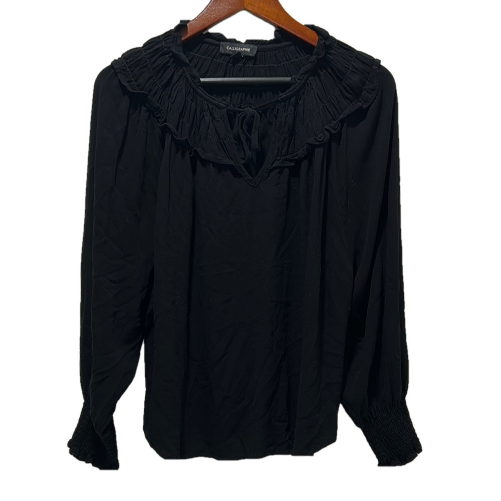 CALLIGRAPHIE Black Long Sleeve Blouse with Ruffled Collar and Bib Collar S-XL